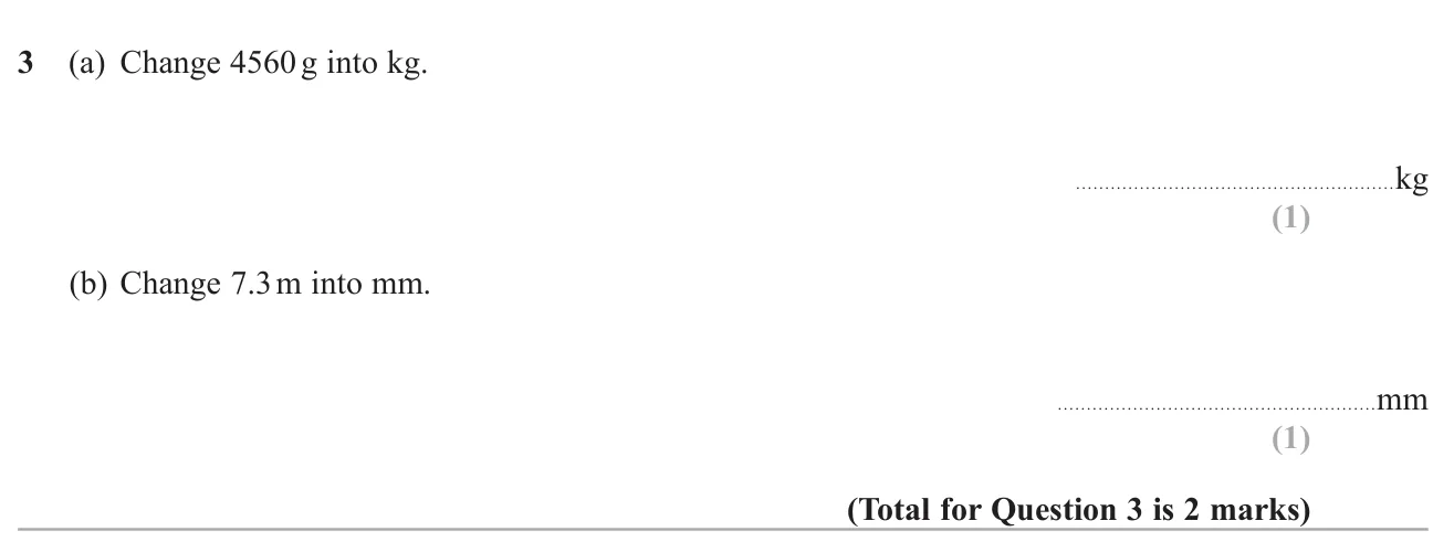 Convert grams to kilograms and metres to millimetres.