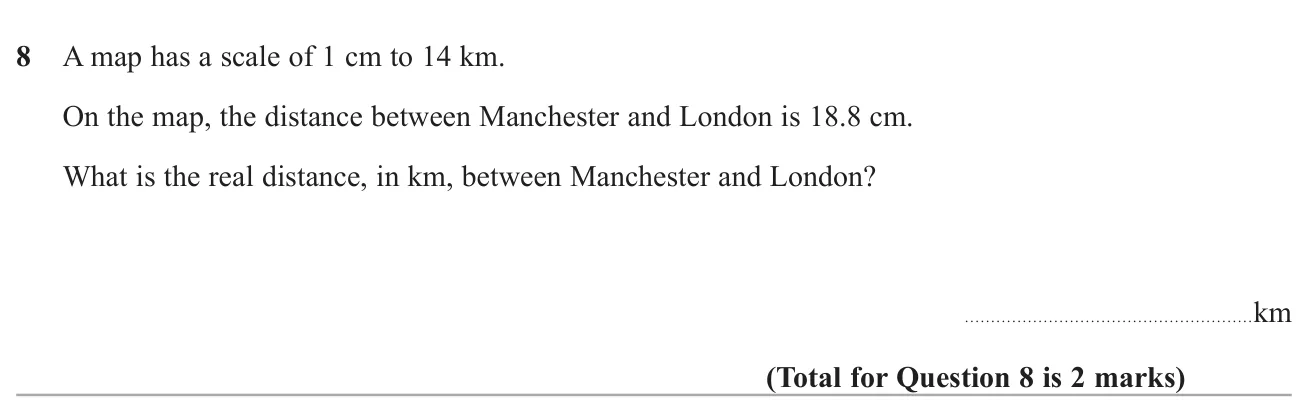 Use a map scale to find a real distance in kilometres.