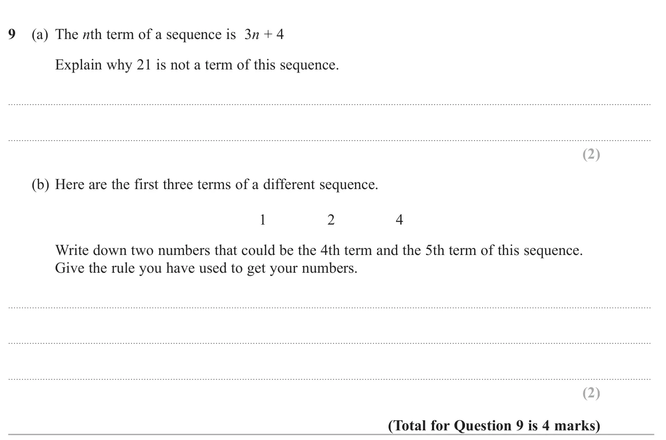 Explain why a value is not in a linear sequence, and continue a sequence stating the rule used.