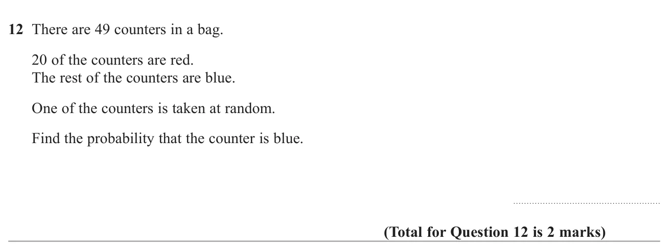 Find the probability of picking the other colour when the total and one colour count are known.