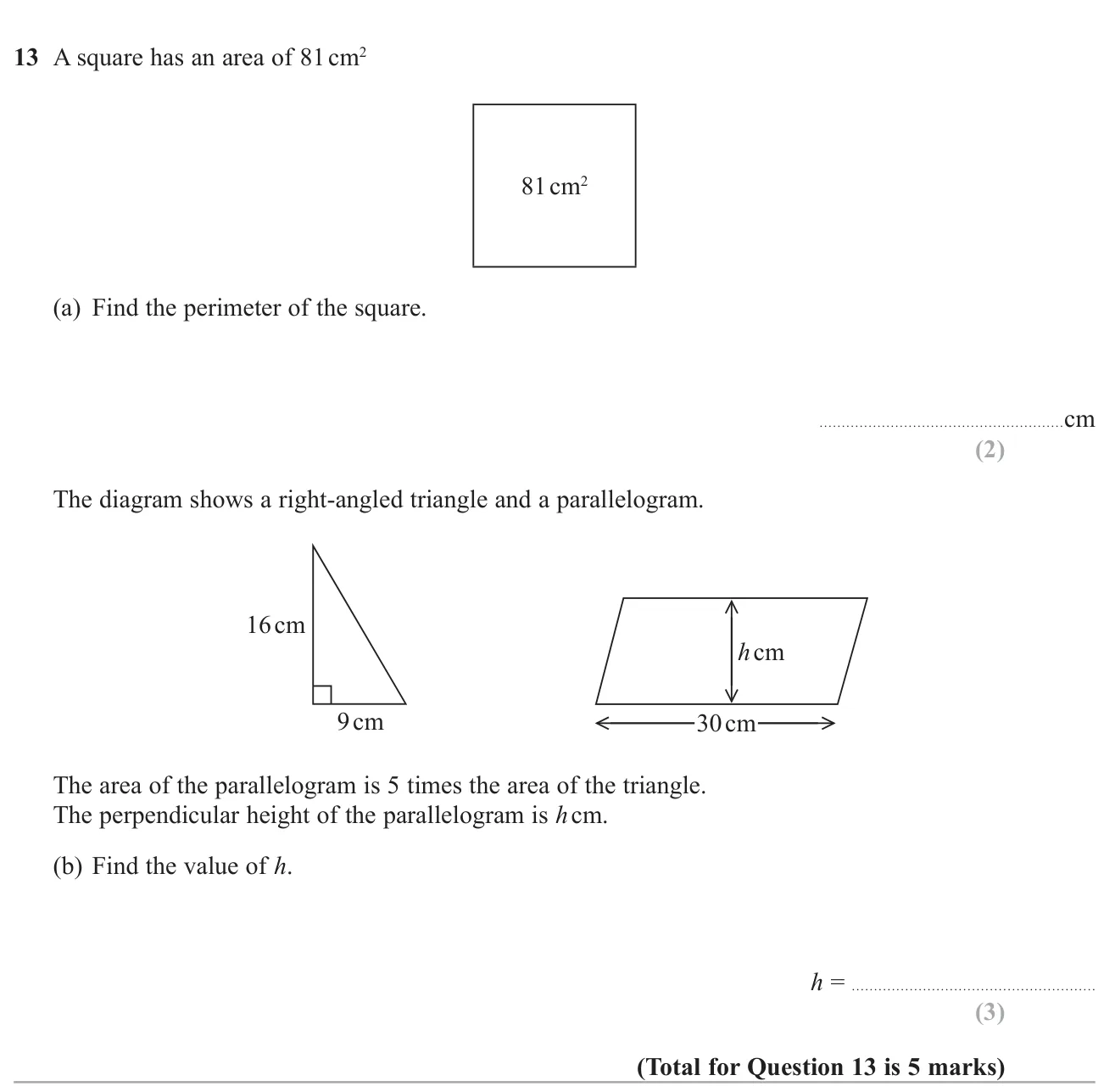 Find a square's perimeter from its area, then use a multiple of a triangle's area to find a parallelogram's height.