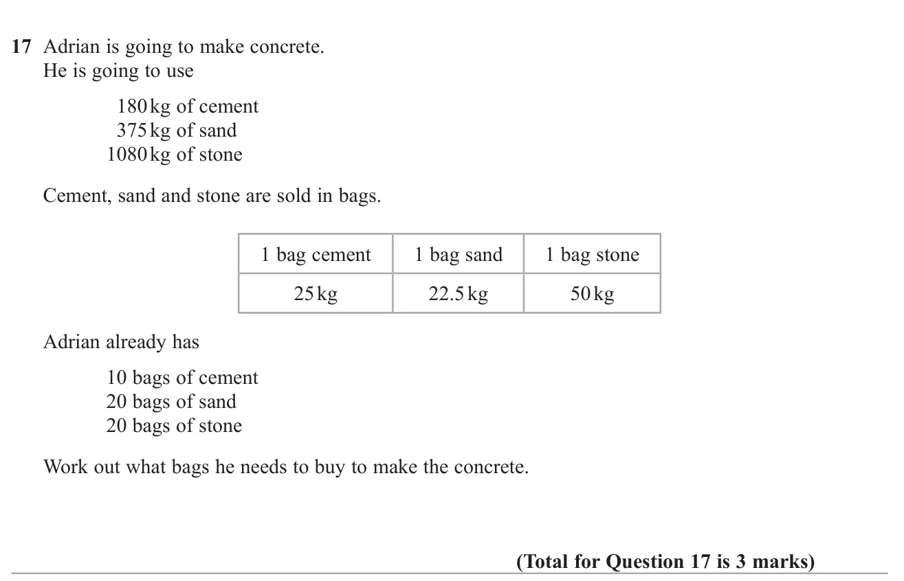 Work out how many more bags of each material are needed for a job, given bag sizes and bags already owned.