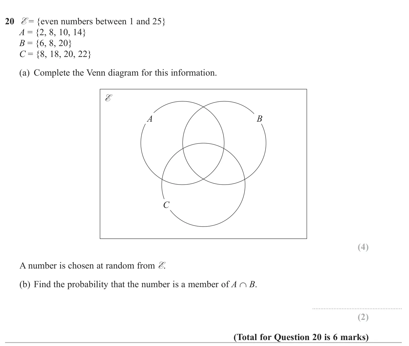Place set elements in a three-set Venn diagram, then find a probability for an intersection.
