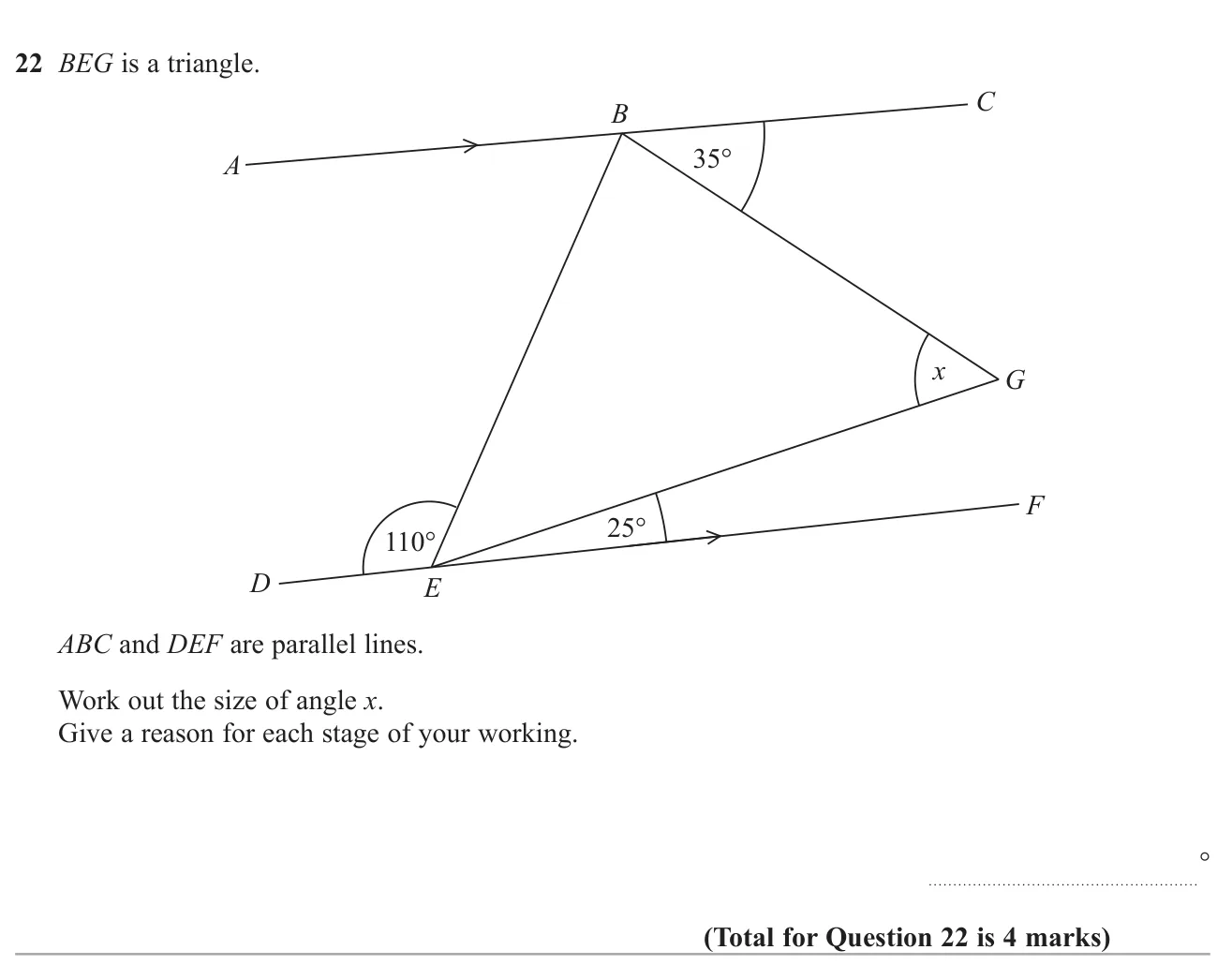 Find an angle in a triangle between parallel lines, giving reasons.