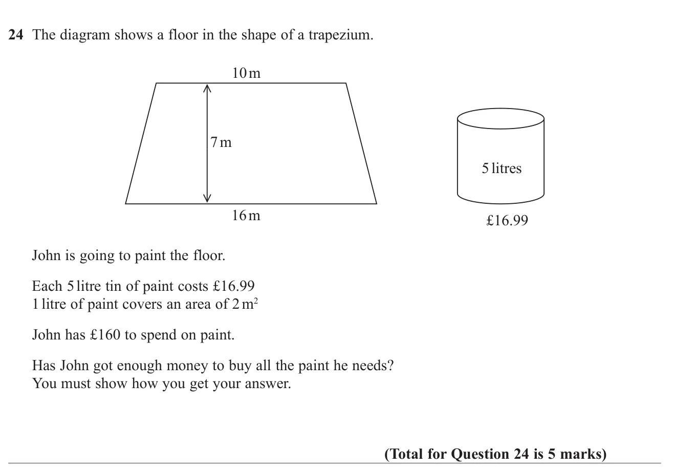 Find a trapezium floor's area, the paint needed and its cost, and decide if a budget is enough.