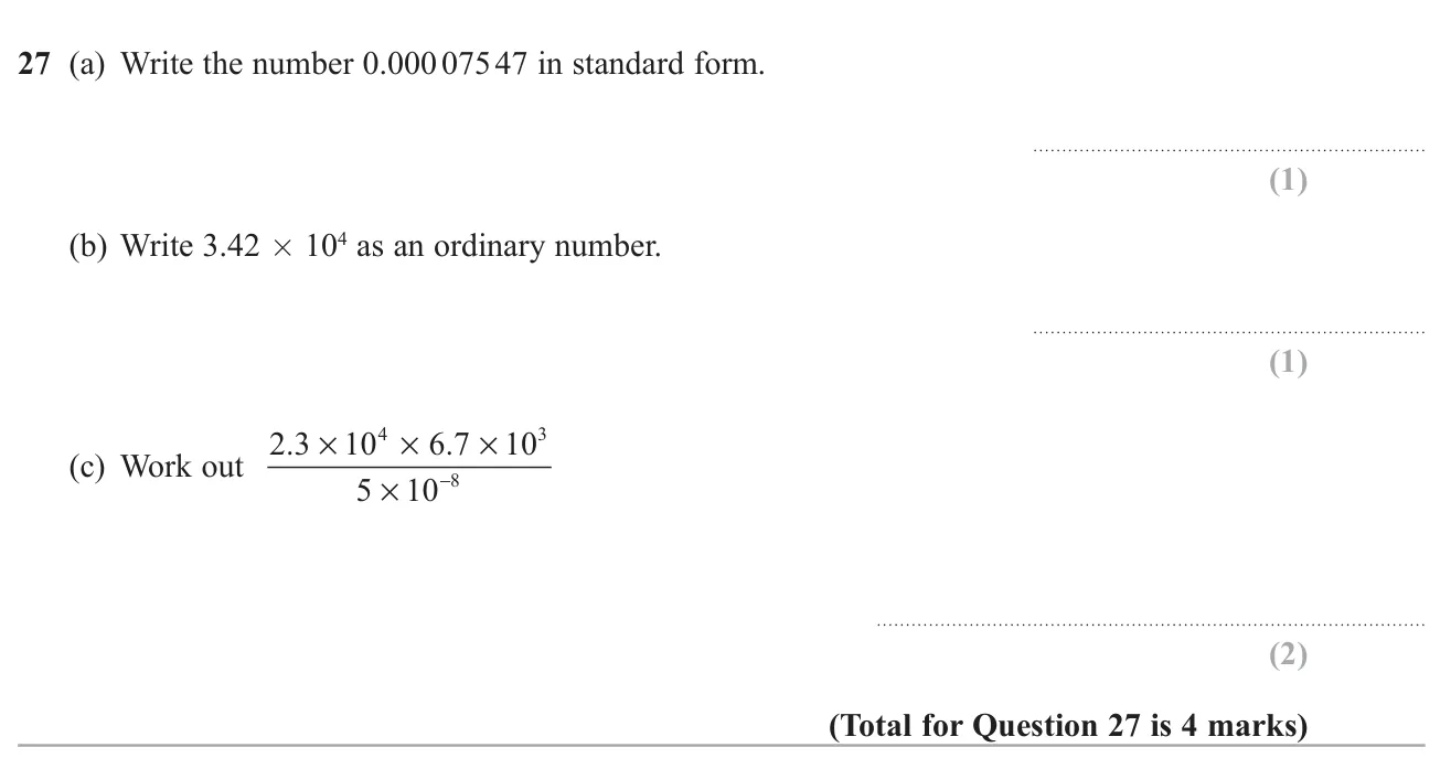 Convert between standard form and ordinary numbers, and evaluate a calculation in standard form.