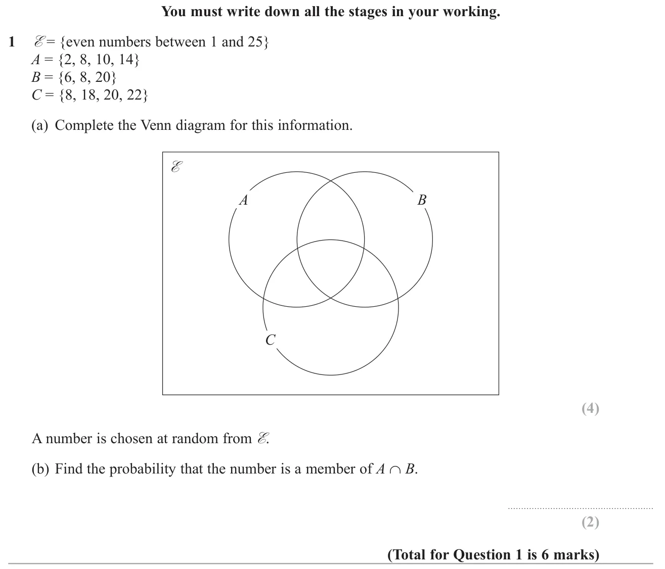 Place set elements in a three-set Venn diagram, then find a probability for an intersection.