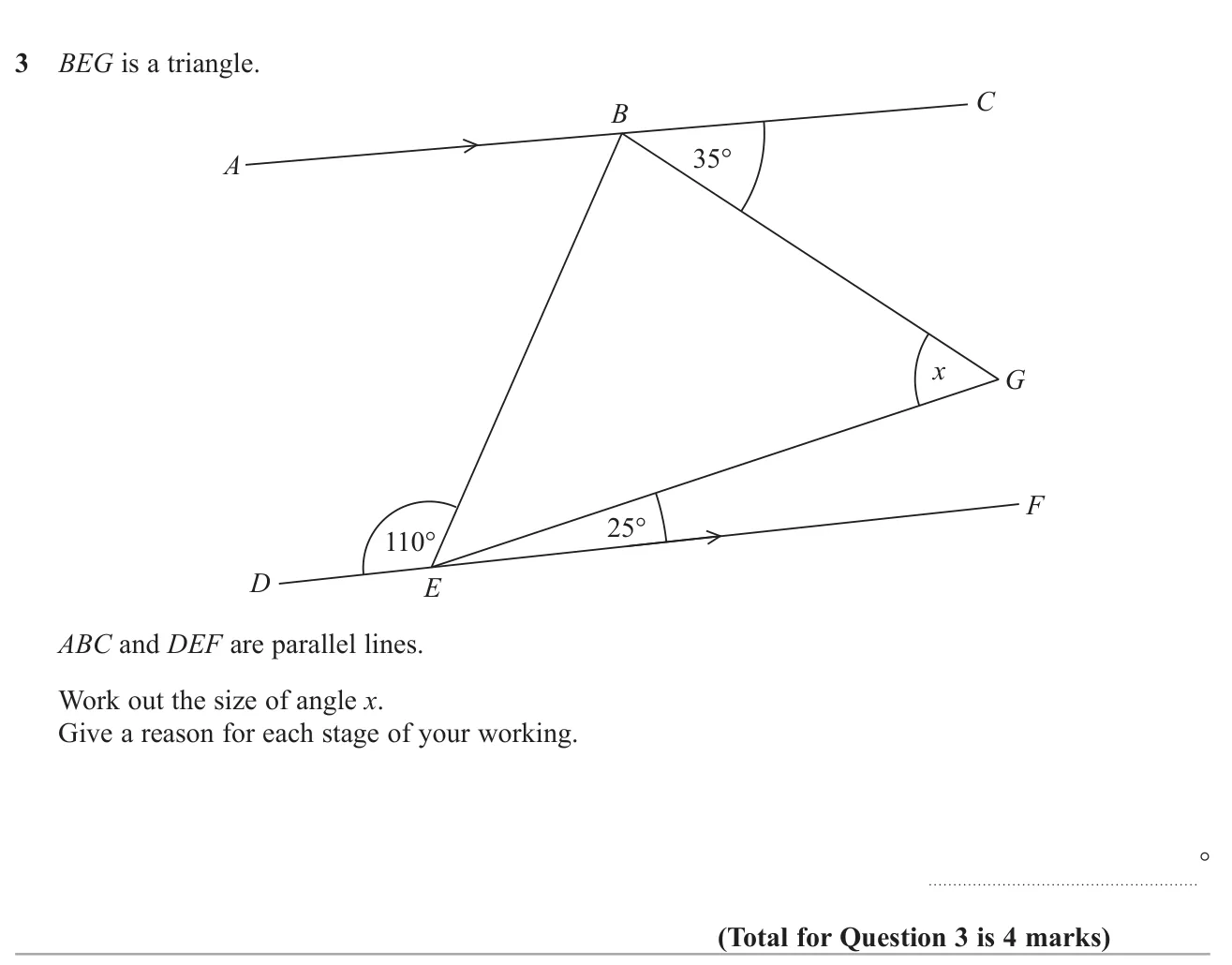 Find an angle in a triangle between parallel lines, giving reasons.