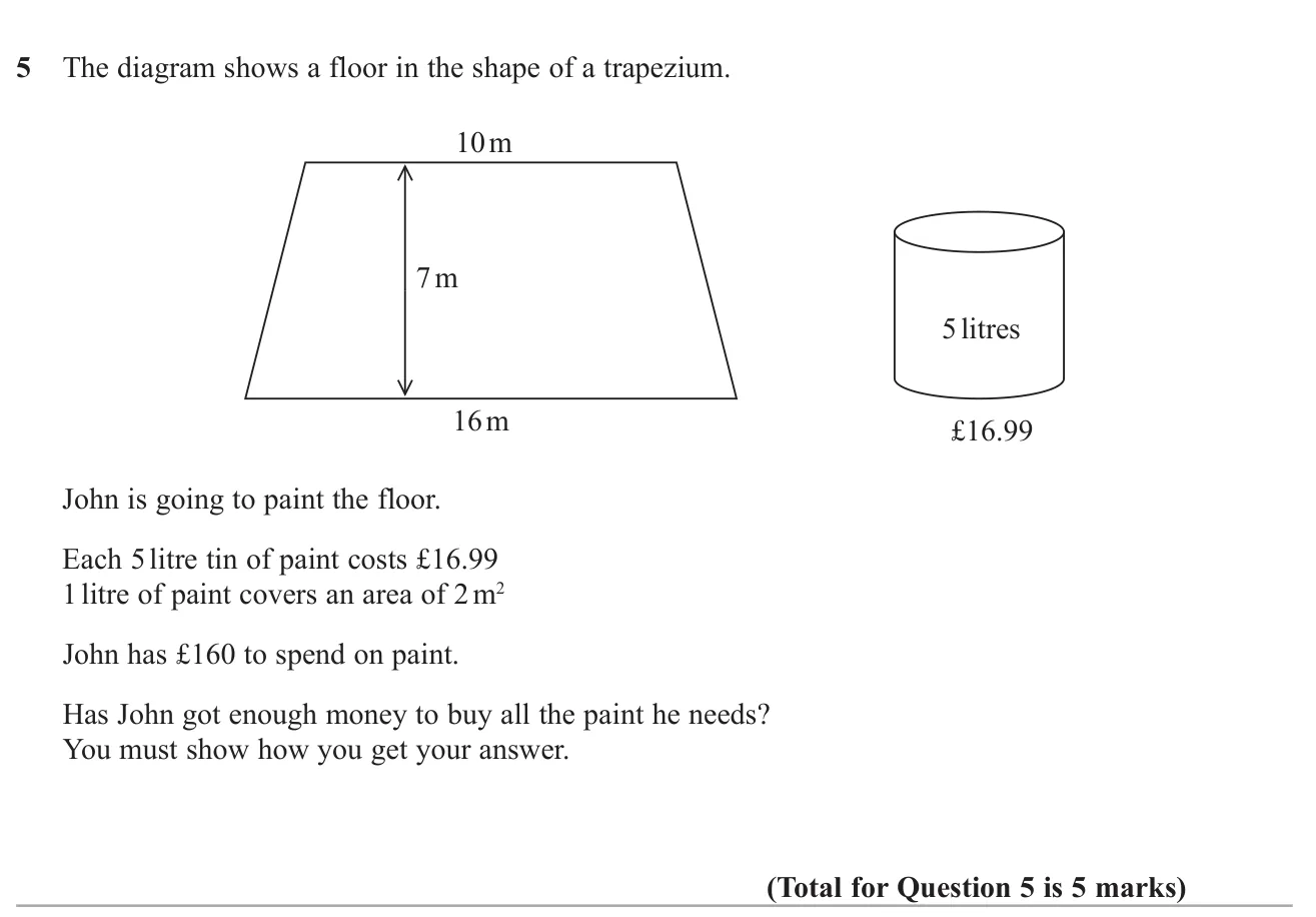 Find a trapezium floor's area, the paint needed and its cost, and decide if a budget is enough.