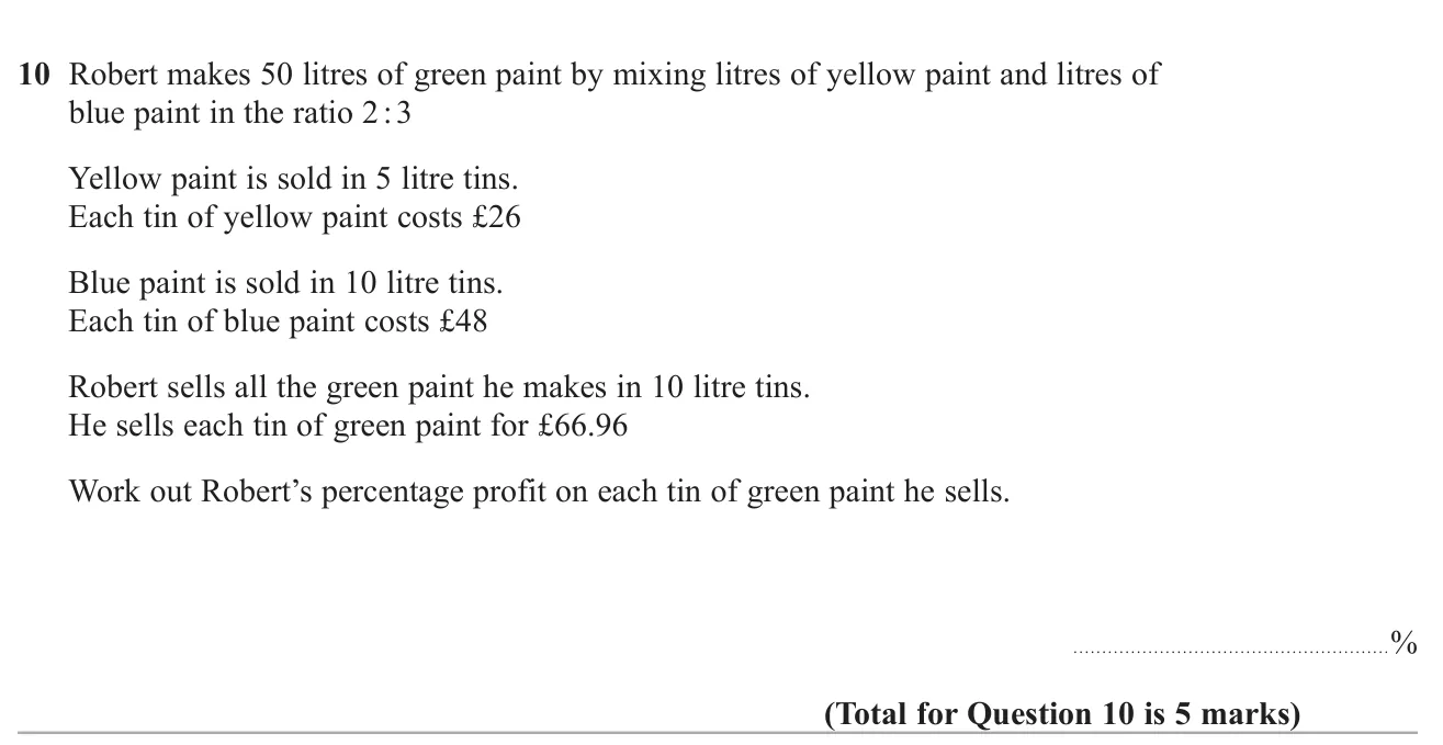 Find the cost of mixing paint from tins in a given ratio and work out the percentage profit on each tin sold.