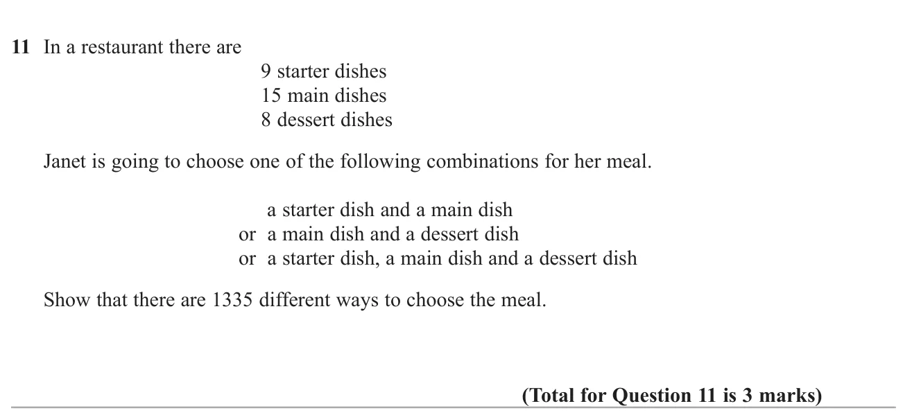 Show the total number of ways to choose a meal from three menu combinations using the product rule.