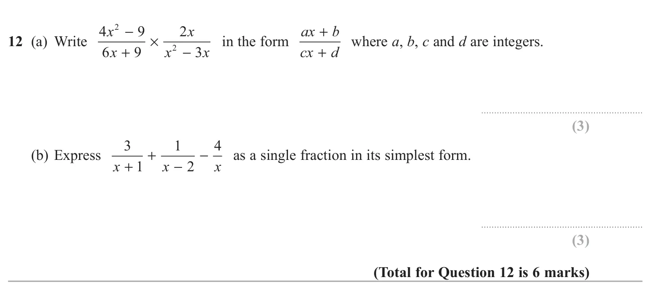 Simplify a product of algebraic fractions by factorising, and combine three algebraic fractions into one.