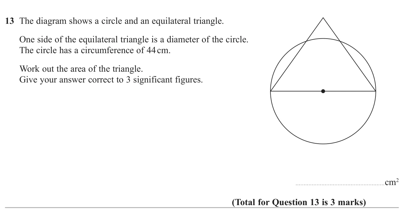Use a circle's circumference to find its diameter, then find the area of an equilateral triangle built on that diameter.