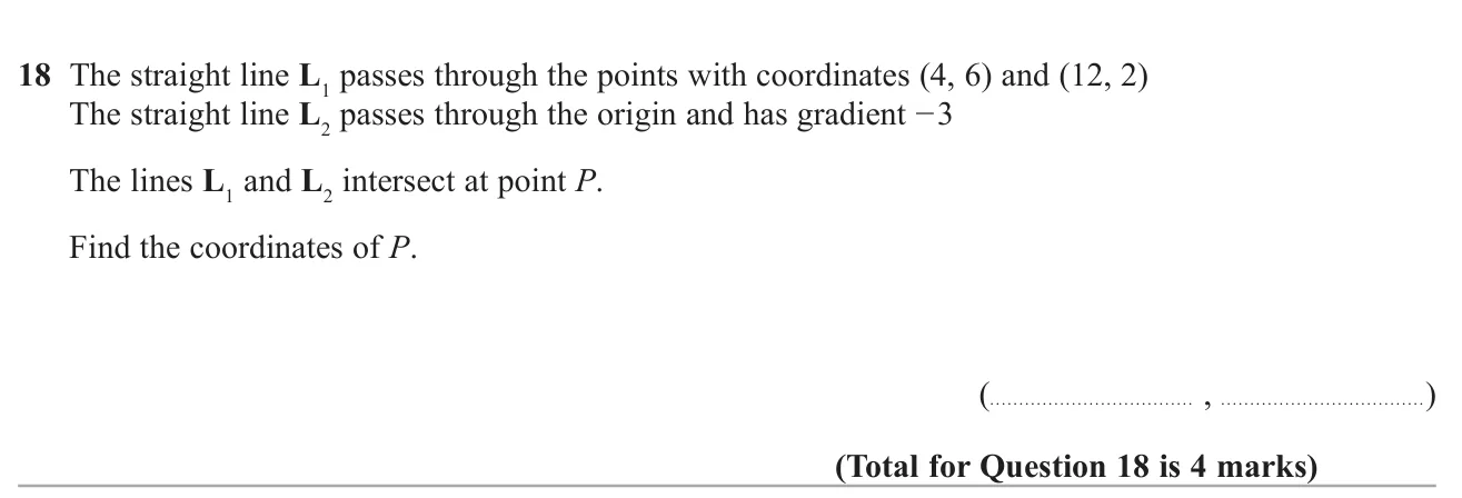 Find where a line through two points meets a line through the origin with a given gradient.