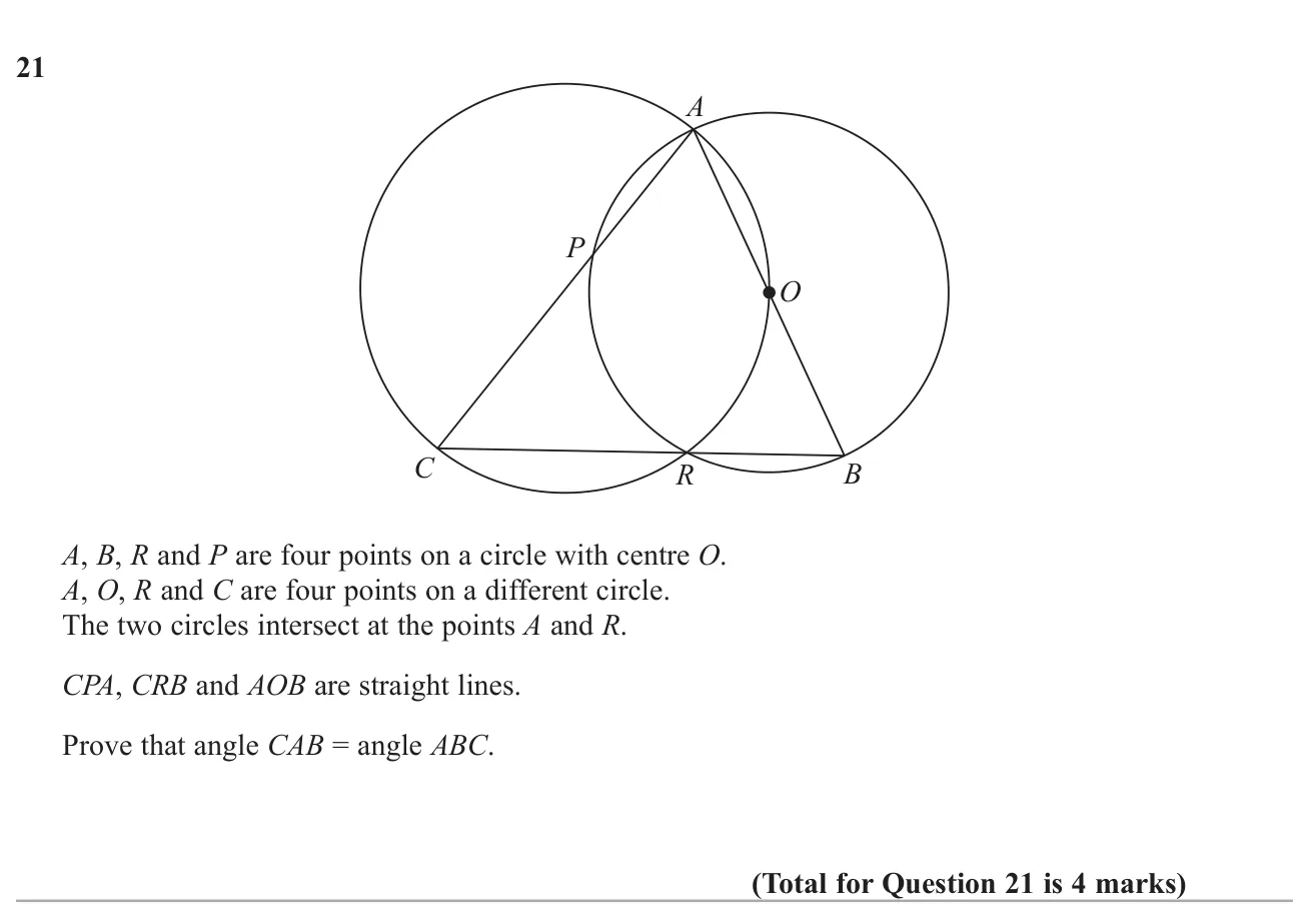 Prove two angles in a triangle are equal using a cyclic quadrilateral and an isosceles triangle formed by radii.