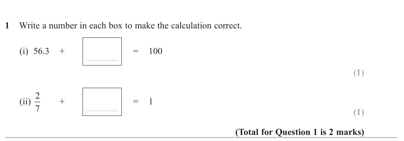 Find the missing number that makes a decimal sum reach 100, then the missing fraction that makes a sum reach 1.