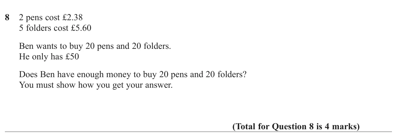 Decide whether £50 covers 20 pens and 20 folders, given prices for smaller packs.