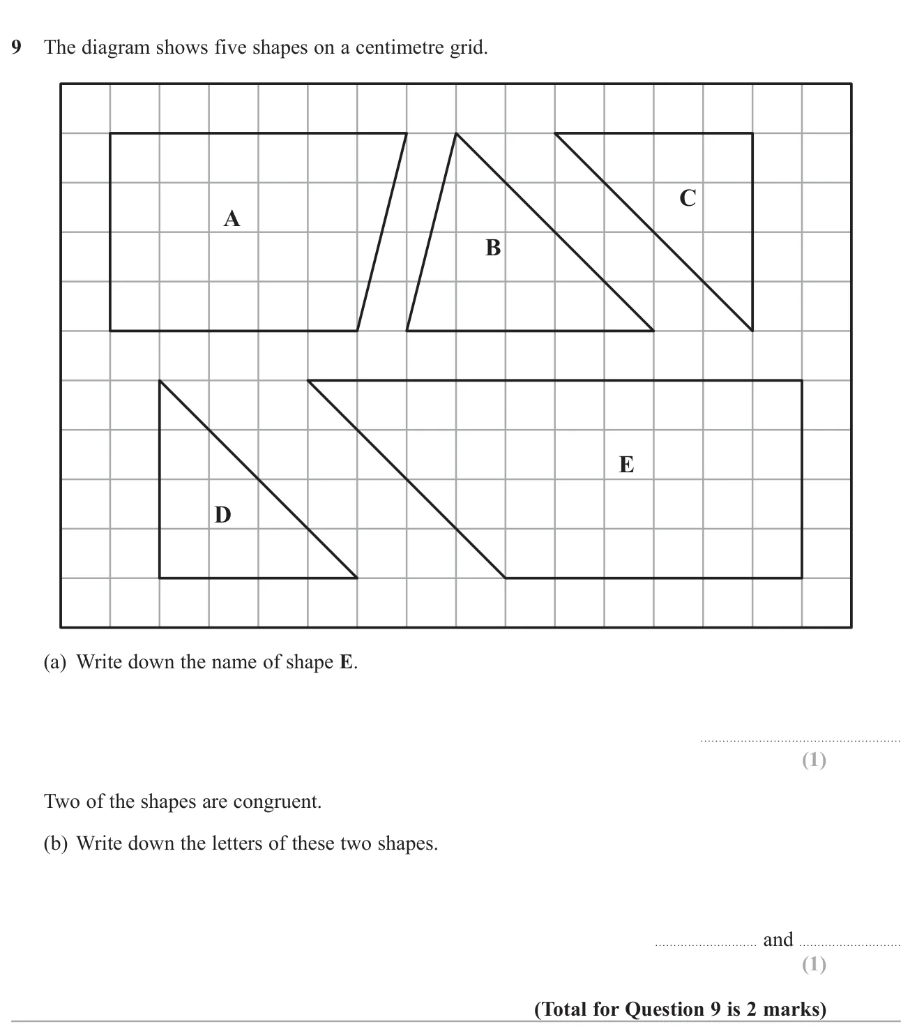 Name one shape on a grid and pick out the two congruent shapes.