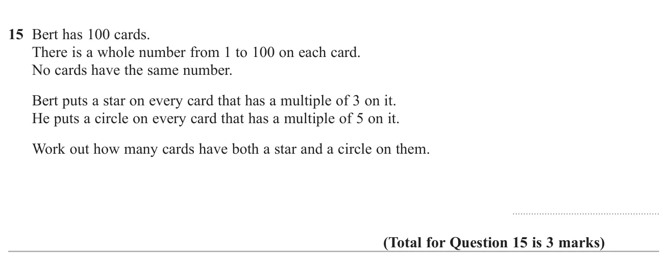 Count how many whole numbers from 1 to 100 are multiples of both 3 and 5.