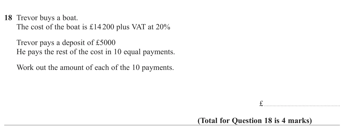 Add VAT to a price, take off a deposit and split the rest into equal payments.