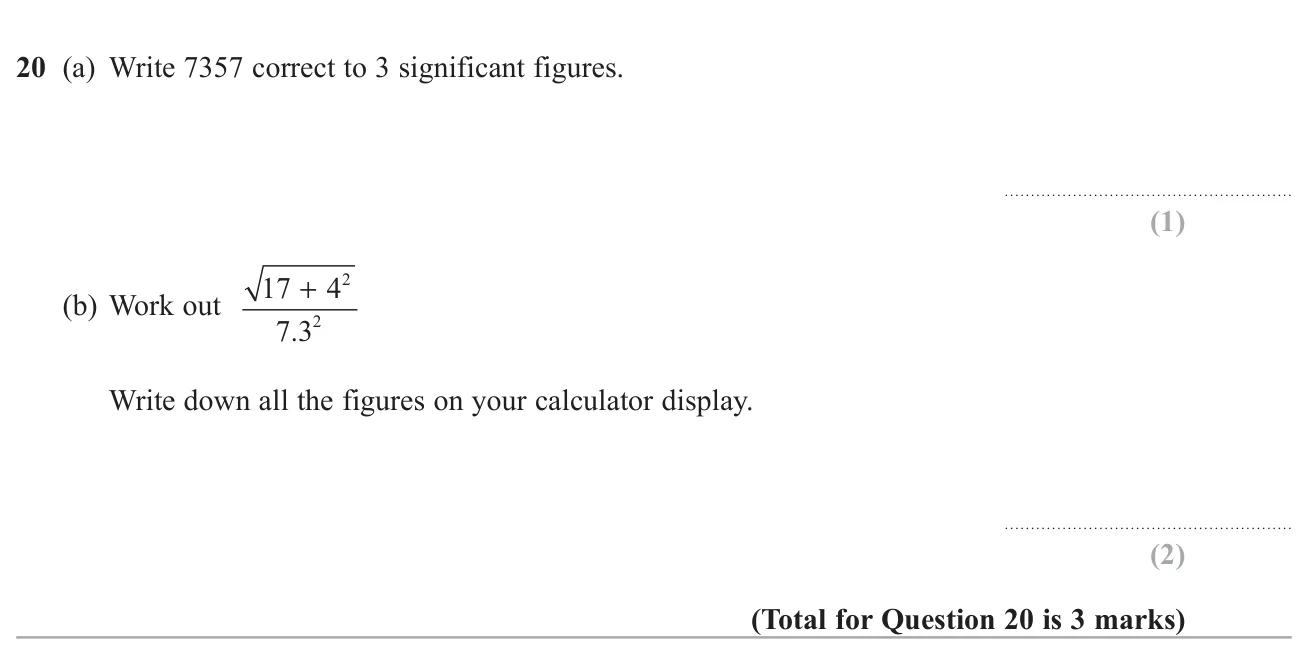 Round a number to 3 significant figures and evaluate a calculation with a square root and powers on a calculator.