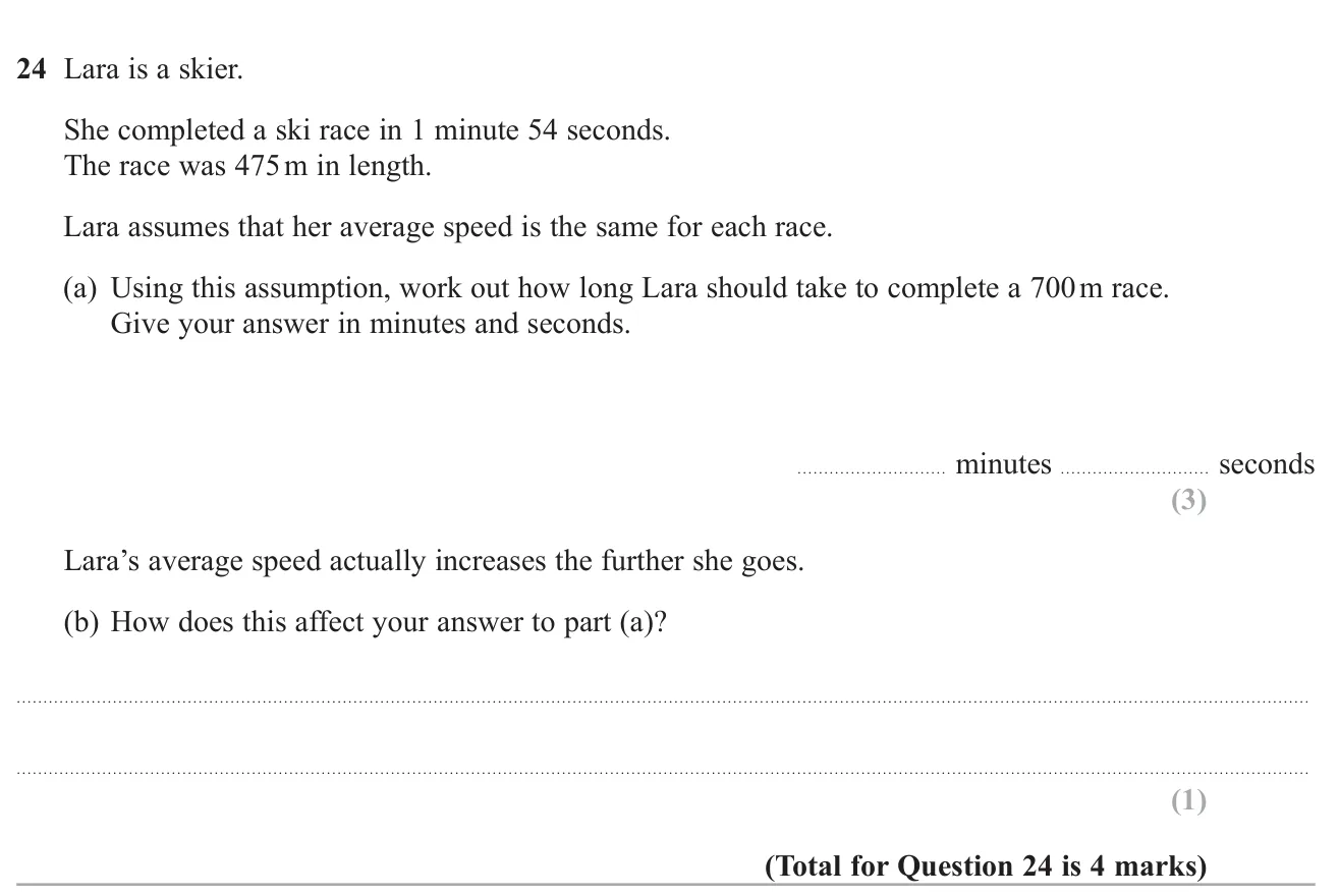 Scale a race time up to a longer distance at the same speed, then say how rising speed affects that answer.
