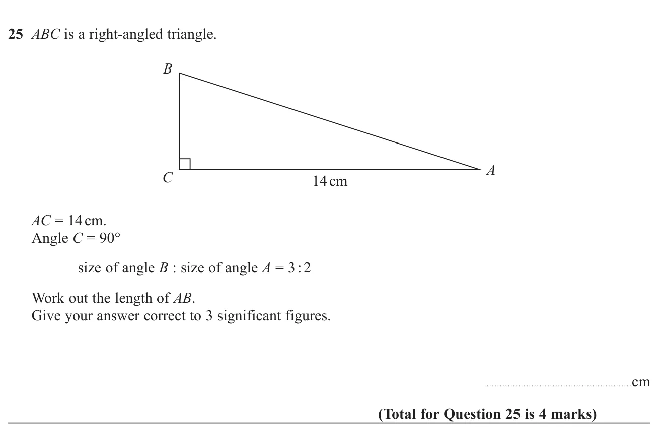Use an angle ratio in a right-angled triangle to find the angles, then use trigonometry to find the hypotenuse.
