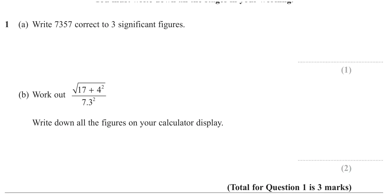 Round a number to 3 significant figures and evaluate a calculation with a square root and powers on a calculator.