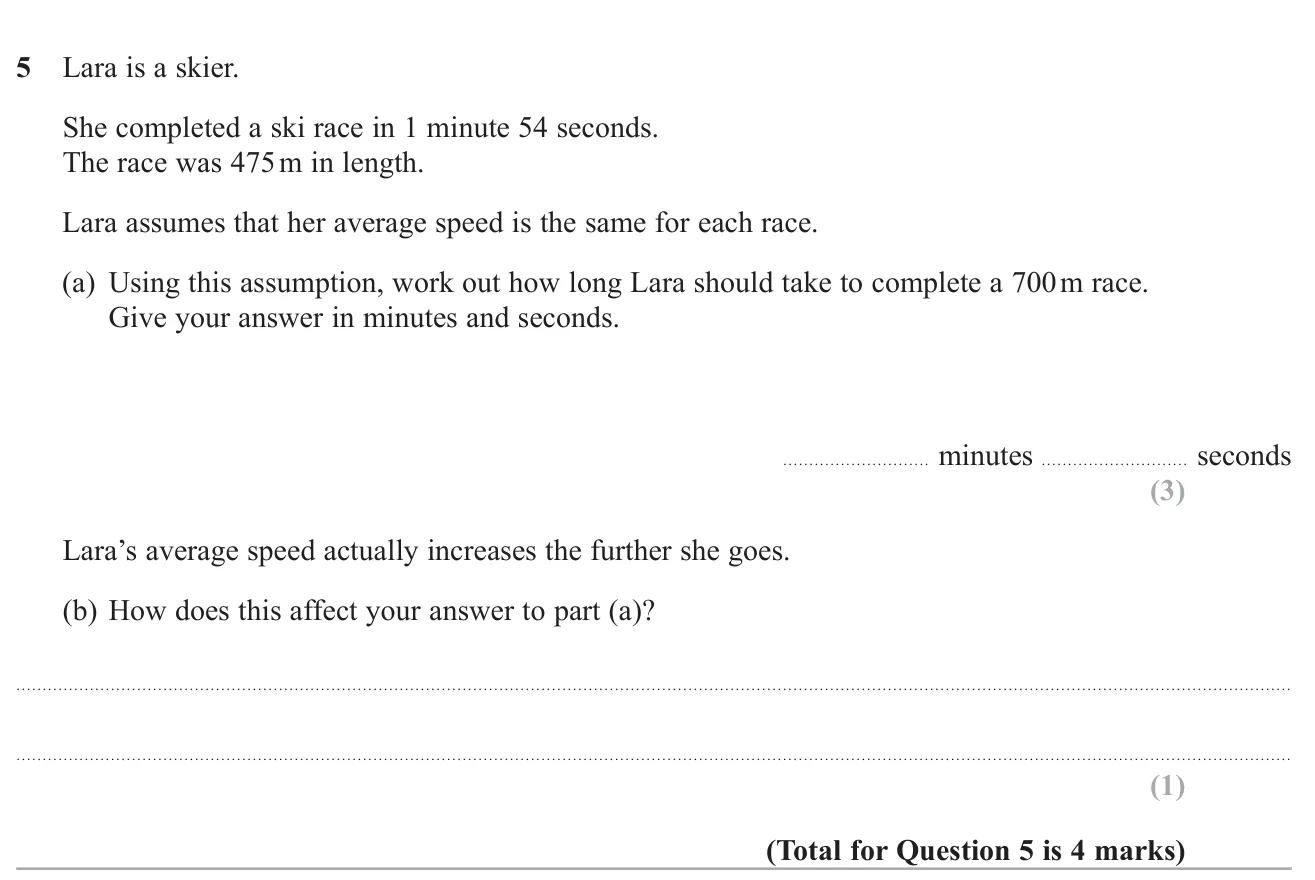 Scale a race time up to a longer distance at the same speed, then say how rising speed affects that answer.