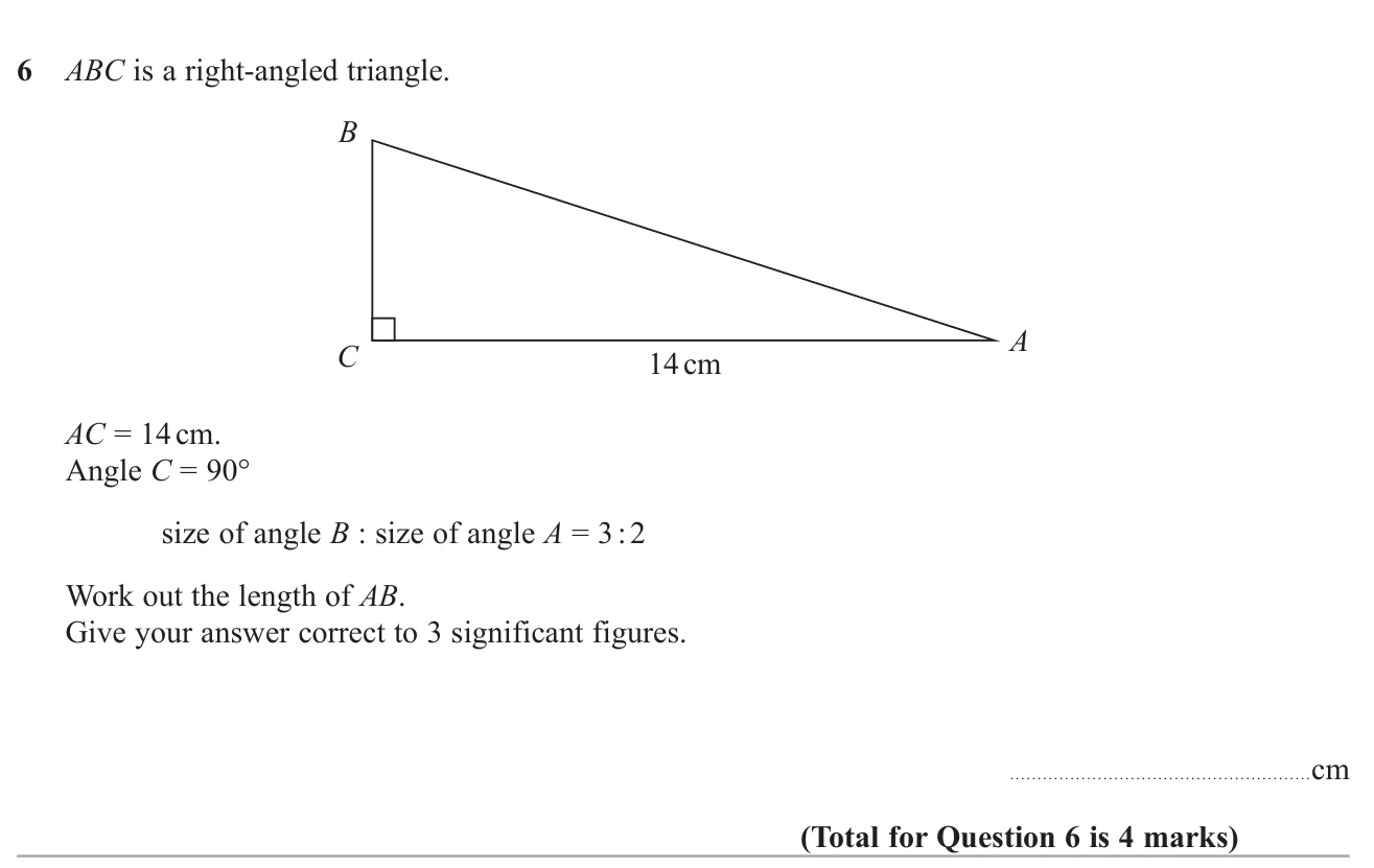 Use an angle ratio in a right-angled triangle to find the angles, then use trigonometry to find the hypotenuse.