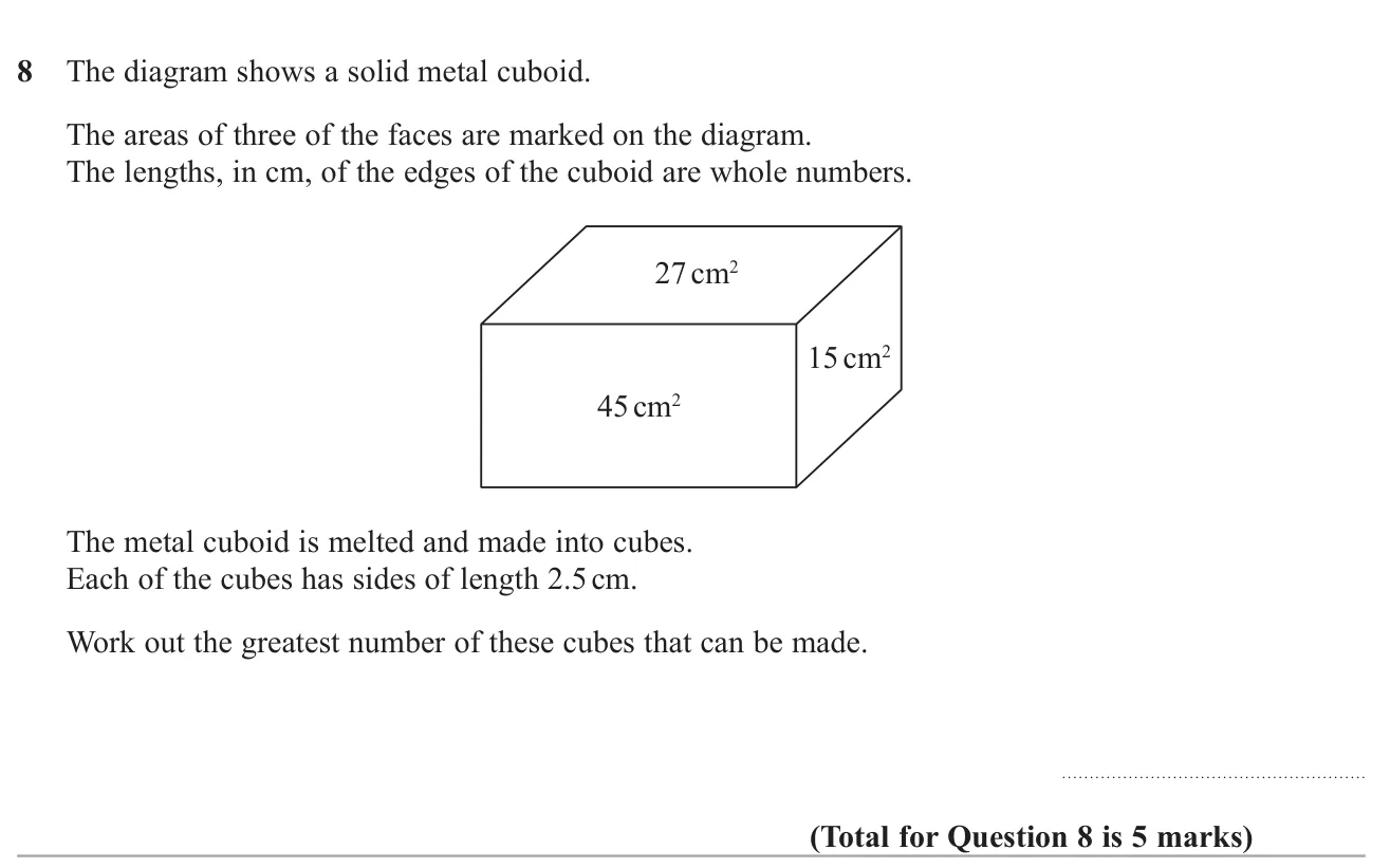 Find the whole-number edges of a cuboid from its face areas, then work out how many small cubes its melted volume would make.