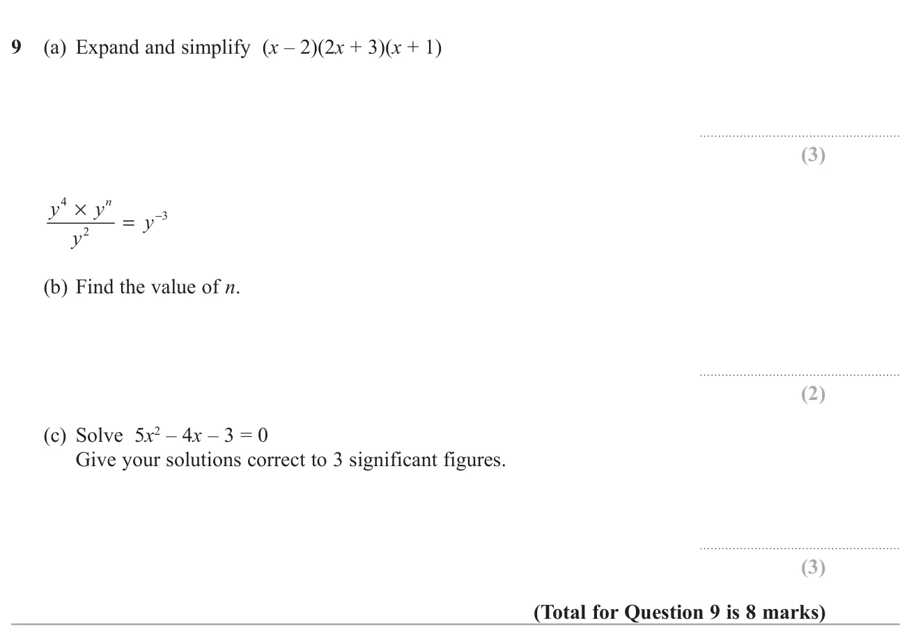 Expand a product of three brackets, find a missing power using index laws, and solve a quadratic with the formula.