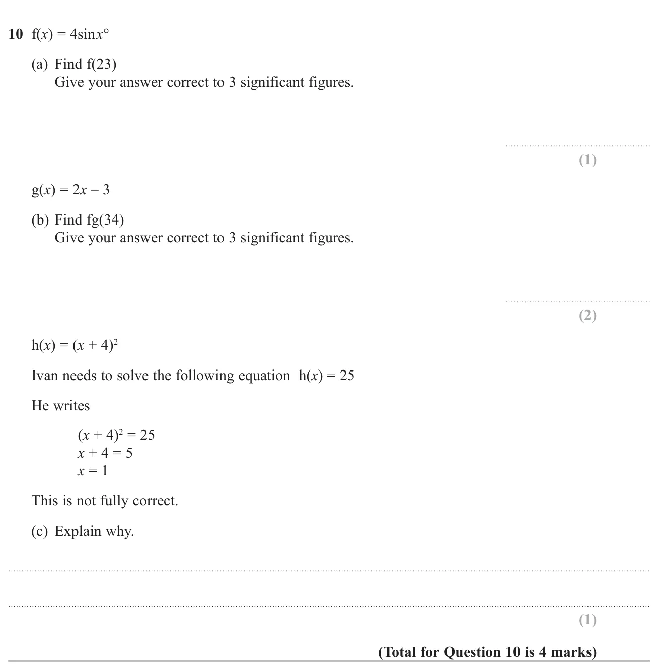 Evaluate a trig function and a composite function, and explain the missing solution when square-rooting both sides of an equation.