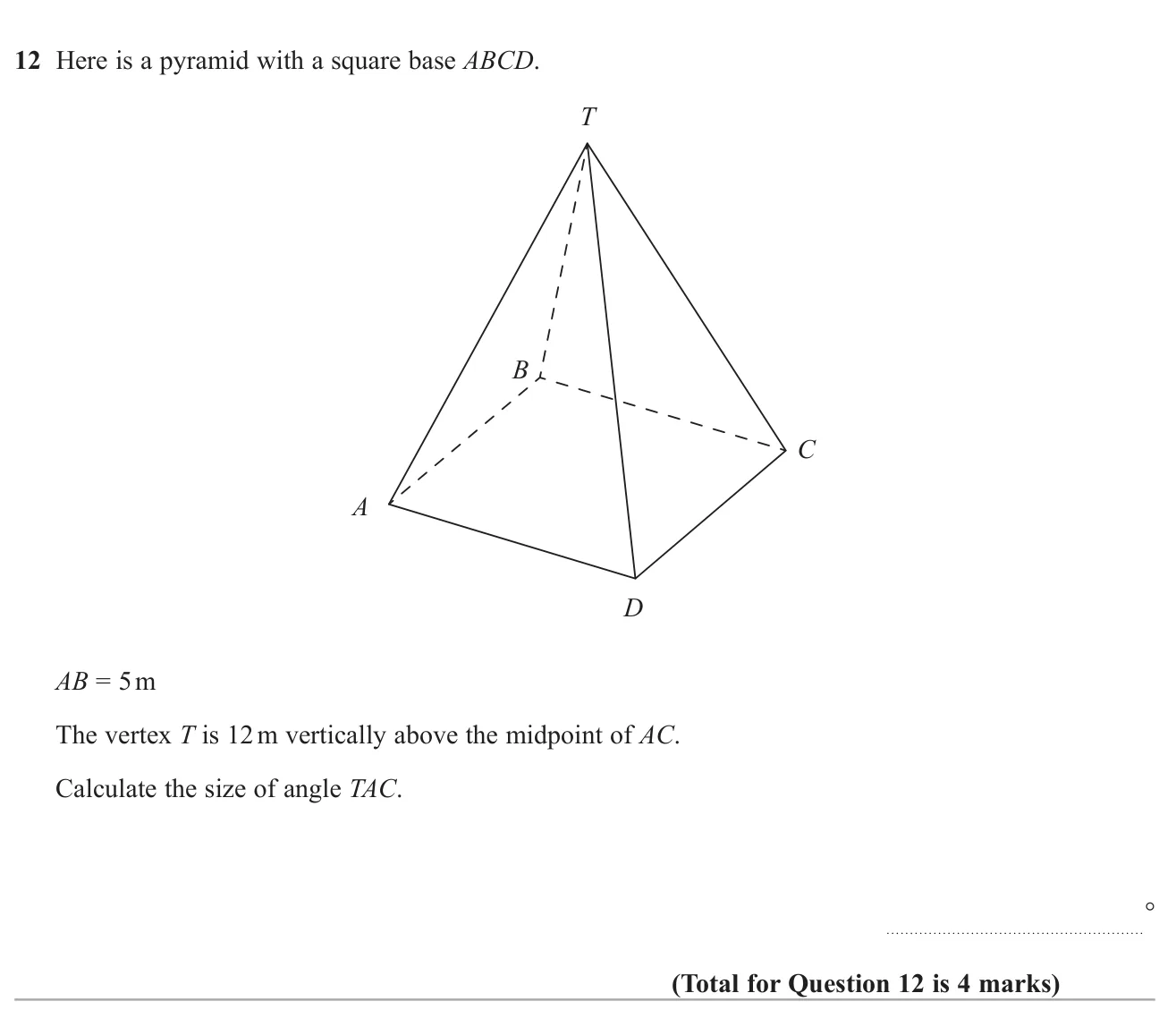 Find the angle between a sloping edge and the base diagonal of a square-based pyramid.