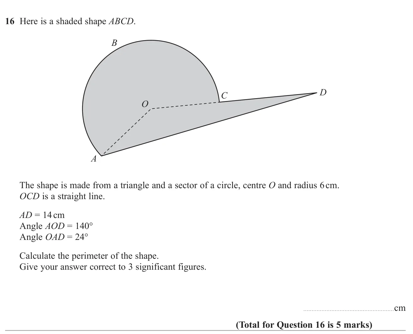 Find the perimeter of a shape made of a triangle and a major sector, using the sine rule for a missing side.