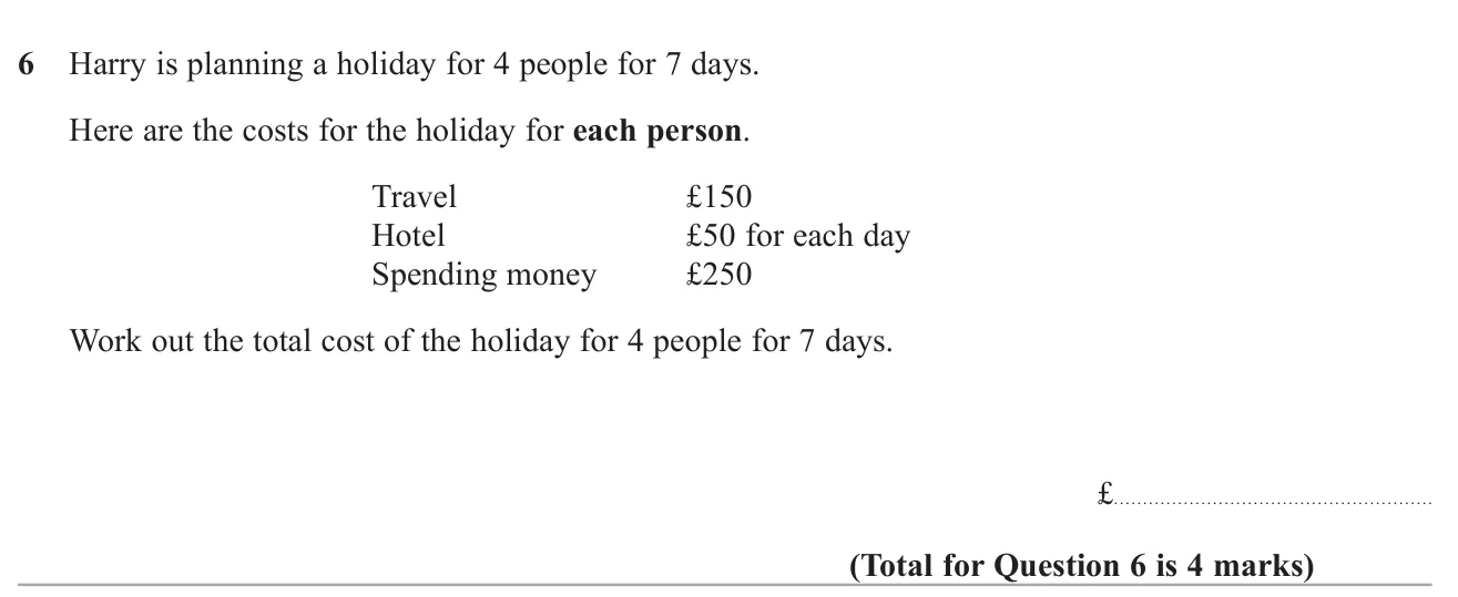 Find the total cost of a week-long holiday for four people from per-person travel, daily hotel and spending costs.