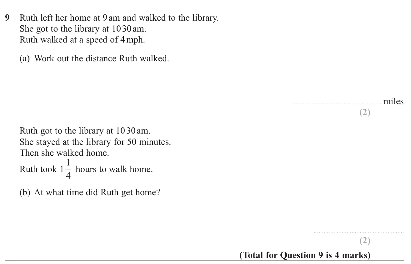 Use speed and time to find a distance walked, then add durations to find an arrival time.