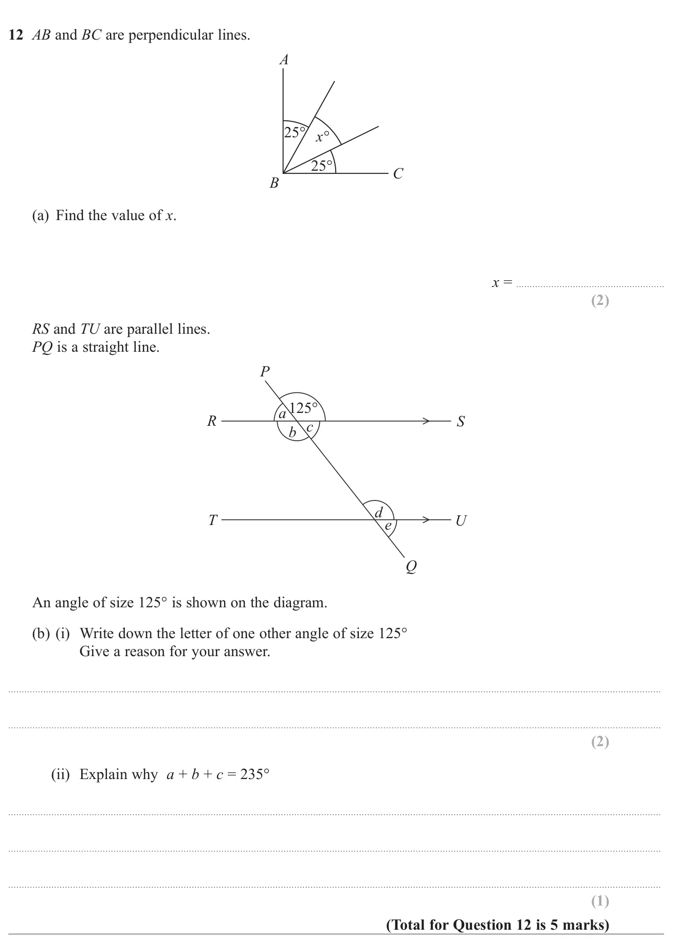 Find a missing angle in a right angle, then identify and justify angles formed where a line crosses two parallel lines.
