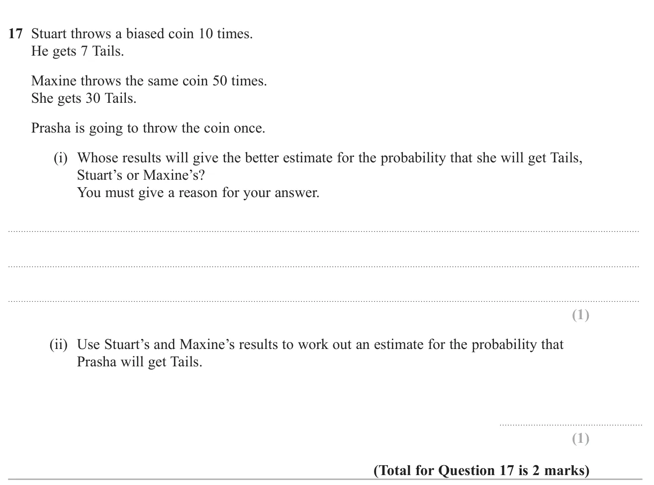 Decide which of two sets of coin throws gives a better probability estimate and combine them into one estimate.