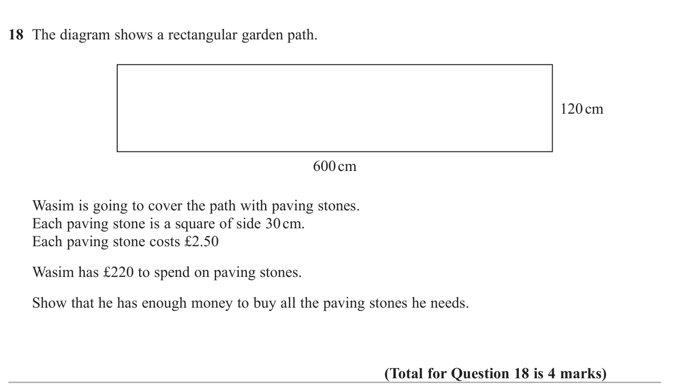 Work out how many square paving stones cover a rectangular path and show the total cost is within a budget.