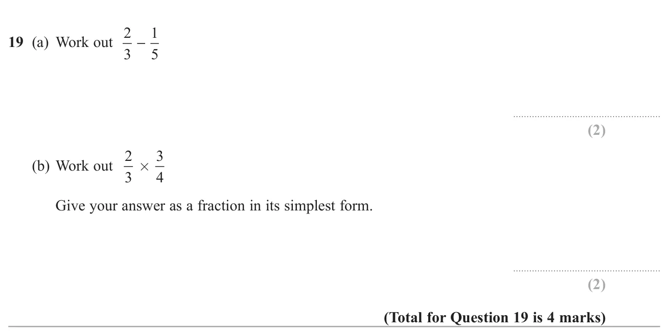 Subtract two fractions and multiply two fractions, simplifying the product.