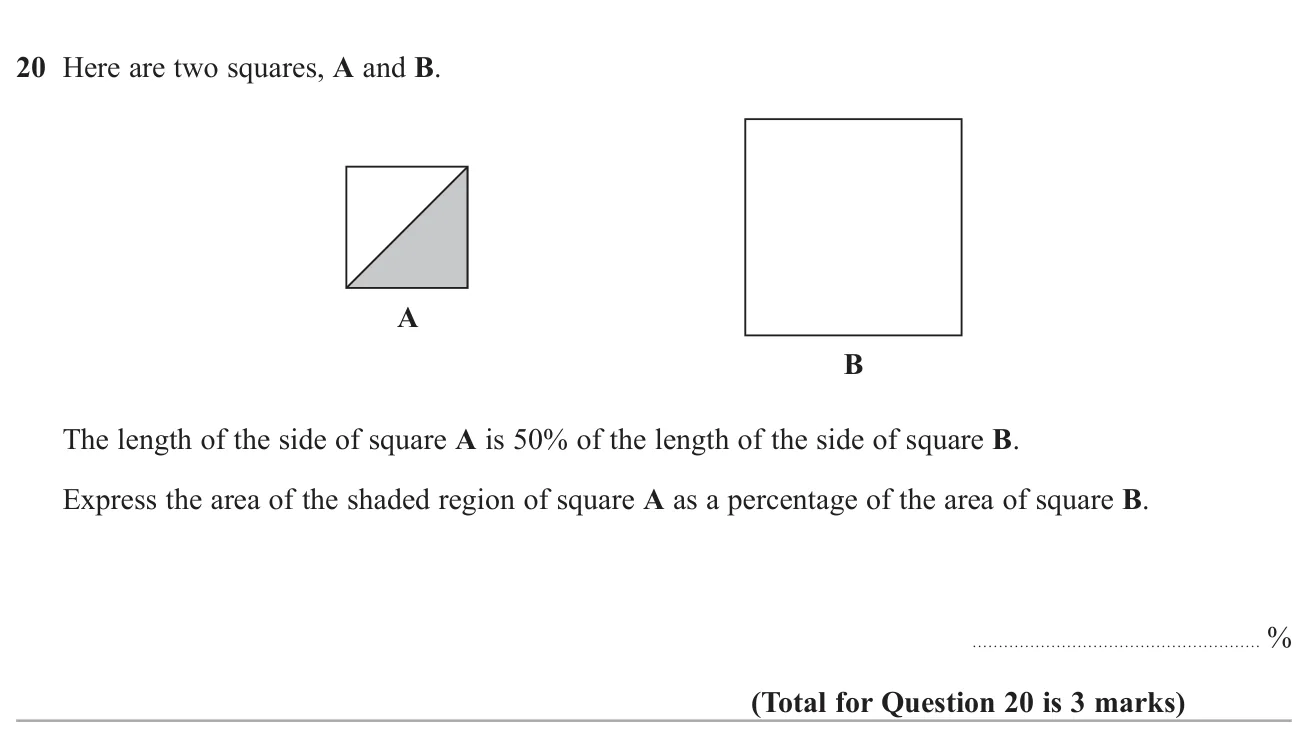 Find what percentage of a larger square's area is taken up by half of a smaller square with half its side length.