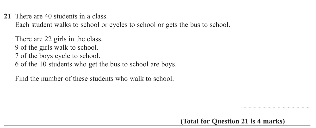 Use given information about girls, boys and ways of travelling to find how many students walk.