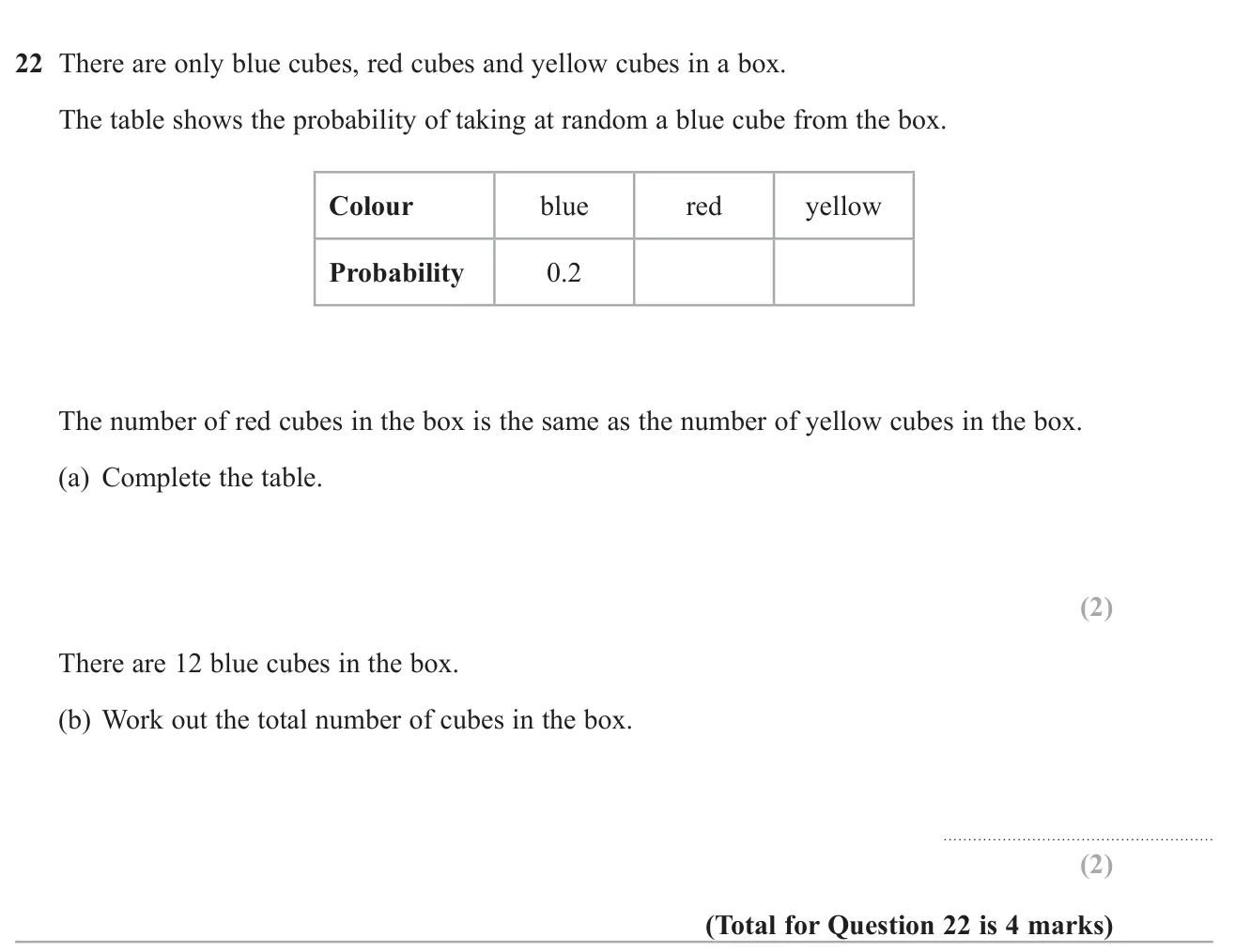 Complete a probability table where two outcomes are equally likely, then use a known count to find the total.