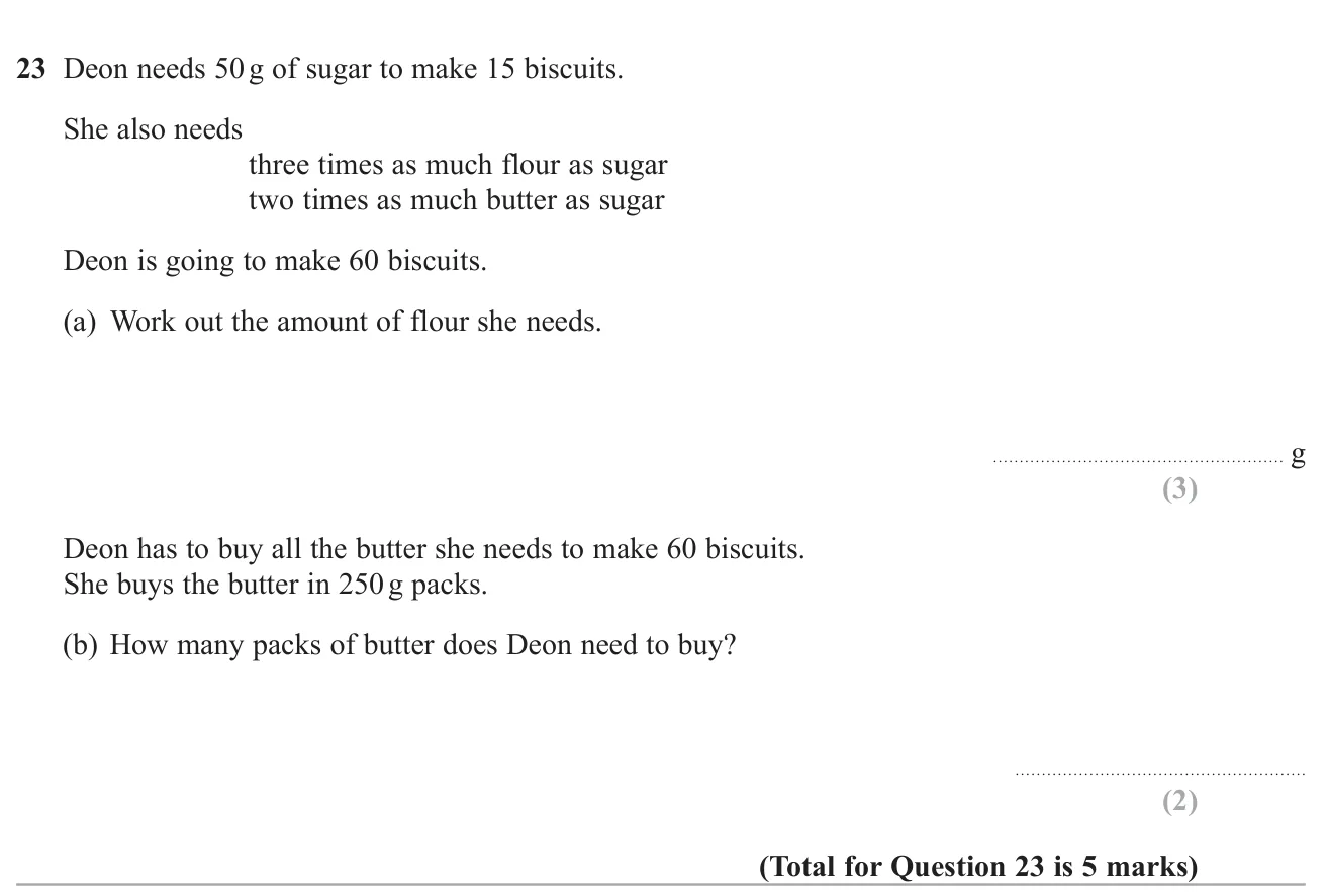 Scale up a recipe to find the flour needed and how many packs of butter to buy.