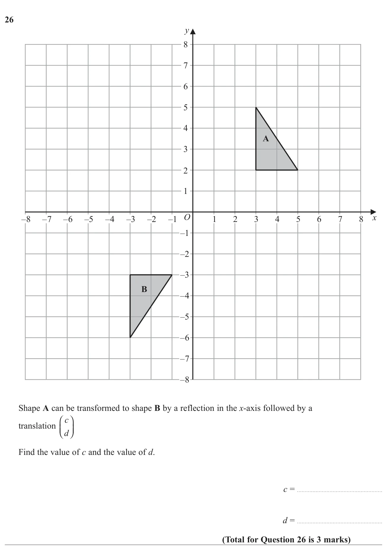 Find the translation vector that follows a reflection in the x-axis to map one triangle onto another.