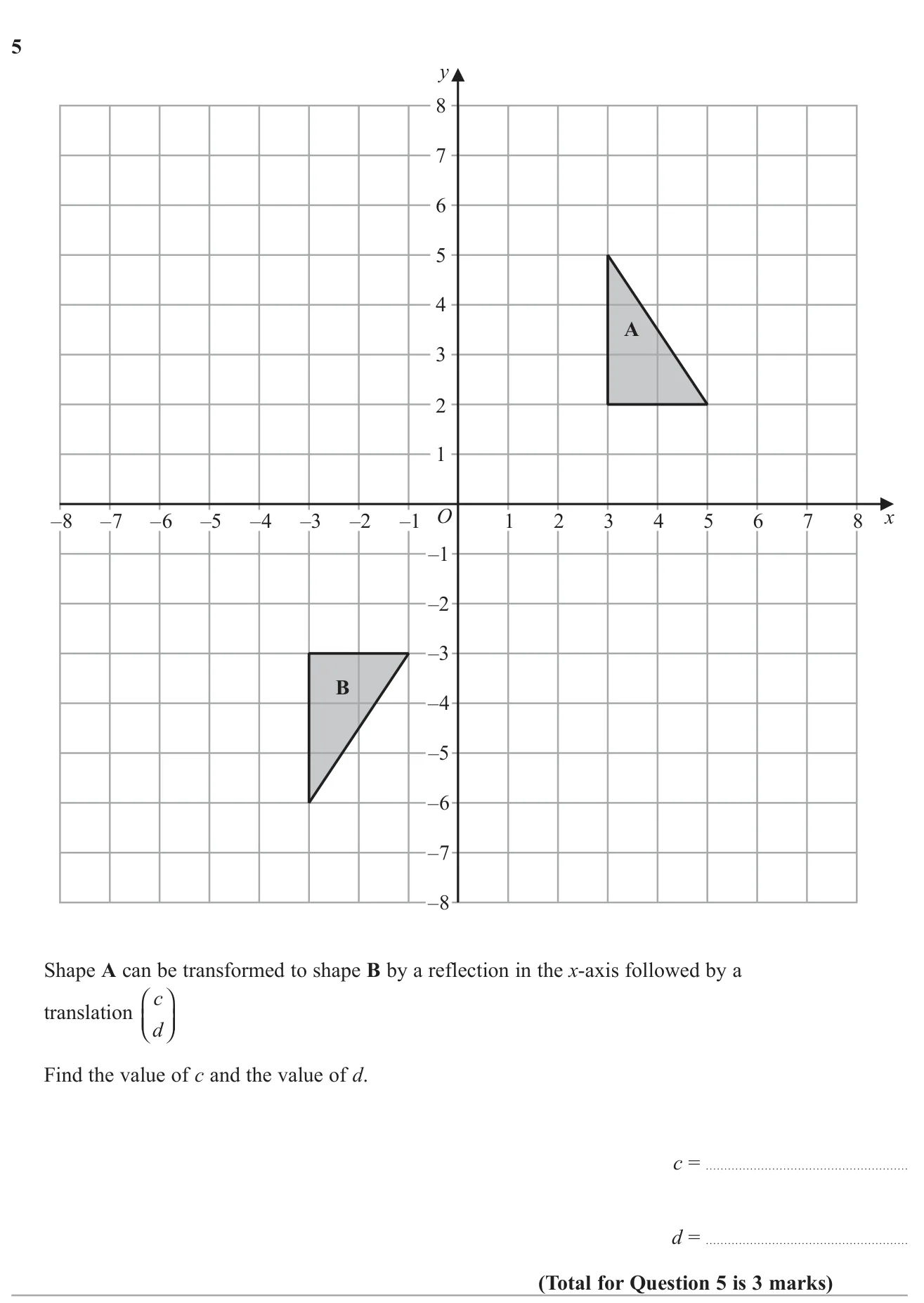 Find the translation vector that follows a reflection in the x-axis to map one triangle onto another.