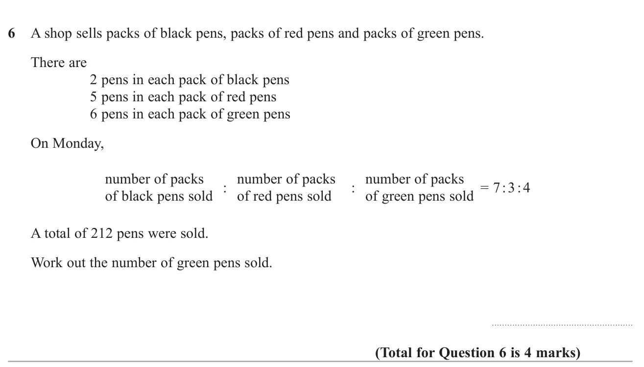 Use a ratio of packs sold and pens per pack to find how many green pens were sold.