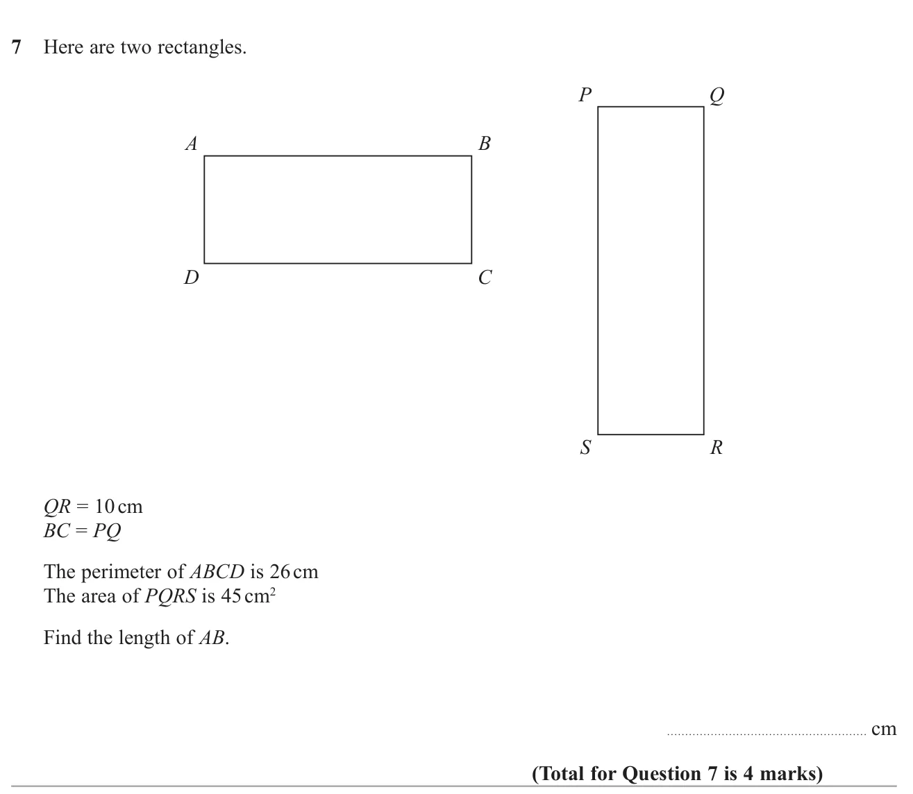 Use the area of one rectangle and the perimeter of another, which share a side length, to find a missing side.