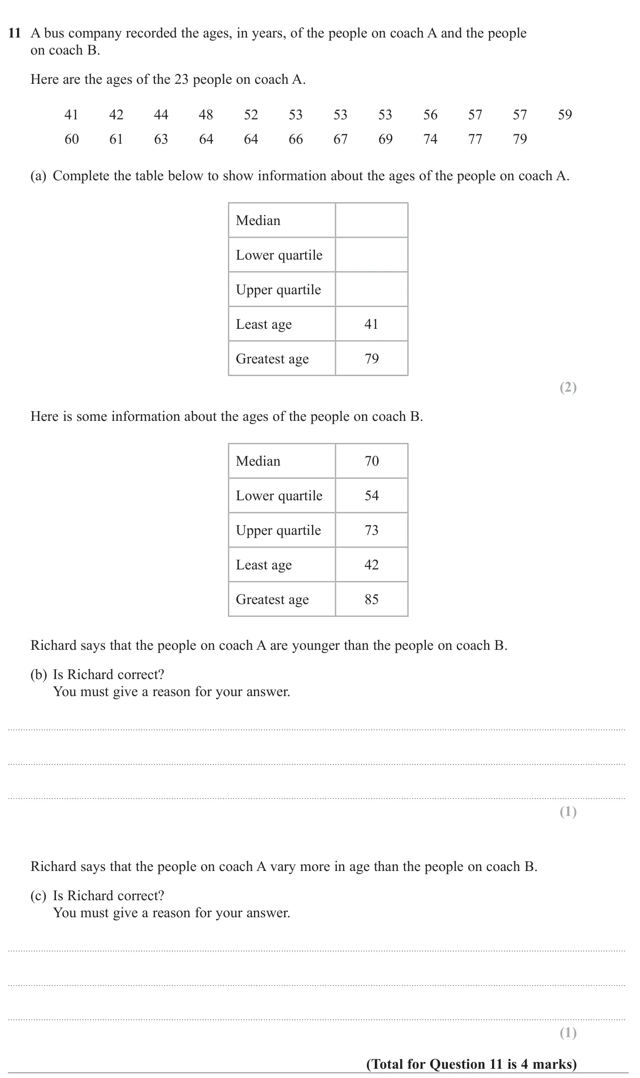 Find the median and quartiles of a list of ages, then compare two groups on average and on spread.